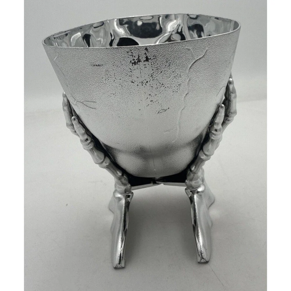 Halloween Skeleton Skull In Hands Candy Planter Bowl Silver Tone NWT 5” X 7”
